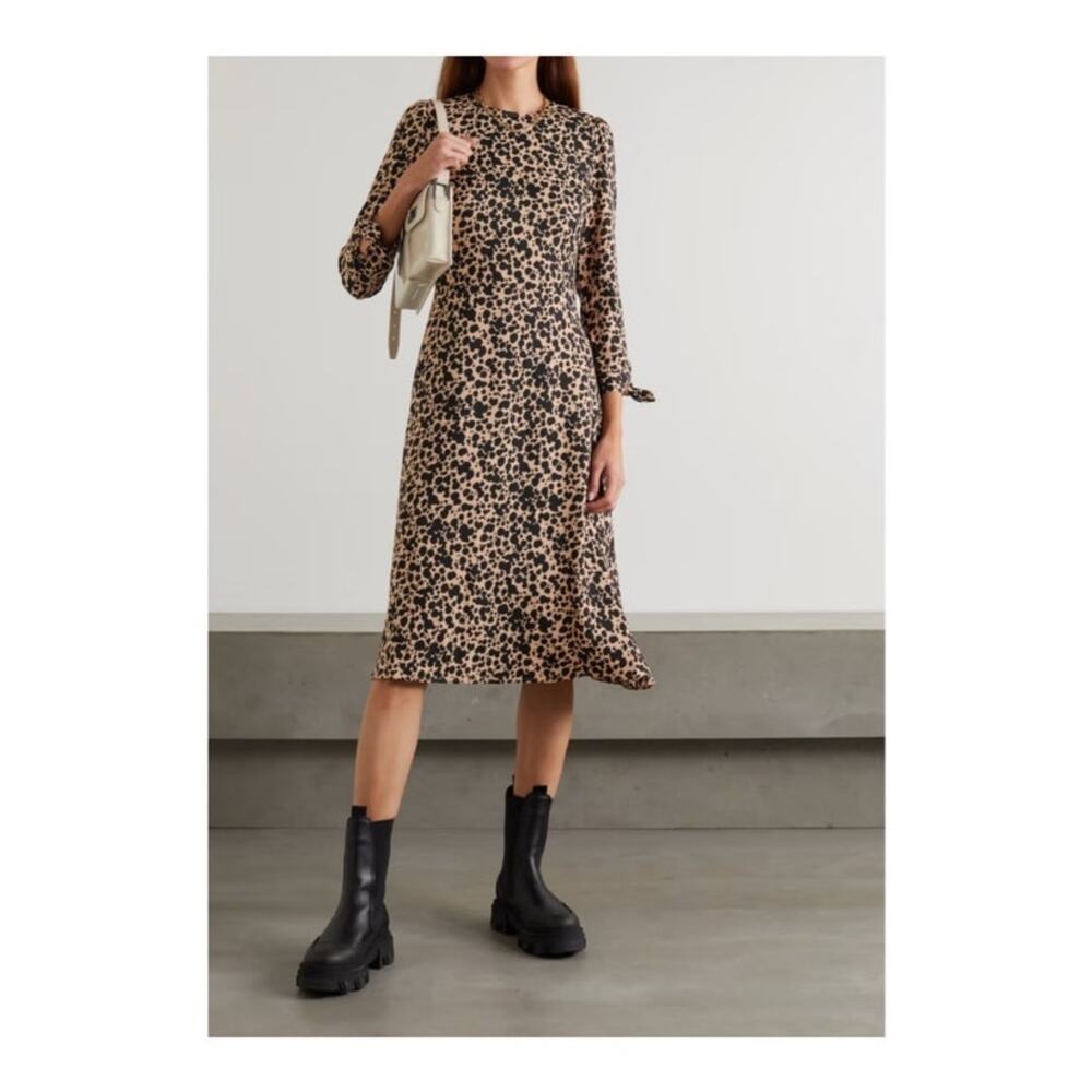 Reformation Port Midi Dress 12 Leopard Print Tan Black Classic Mob Wife Preppy